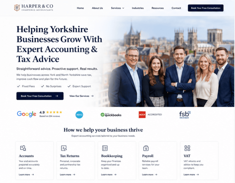 Harper & Co Chartered Accountants website homepage, built on the Webnua platform