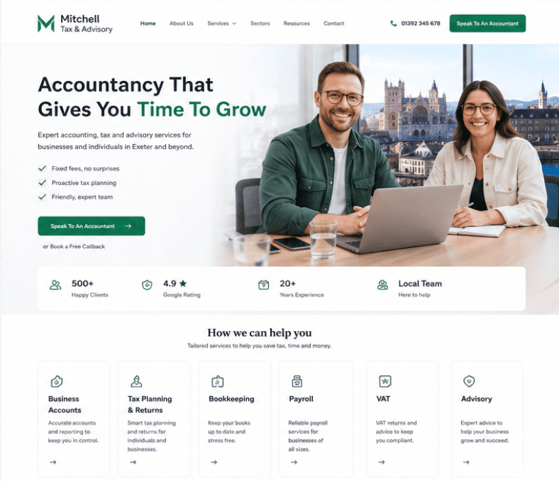 Mitchell Tax & Advisory website homepage, built on the Webnua platform