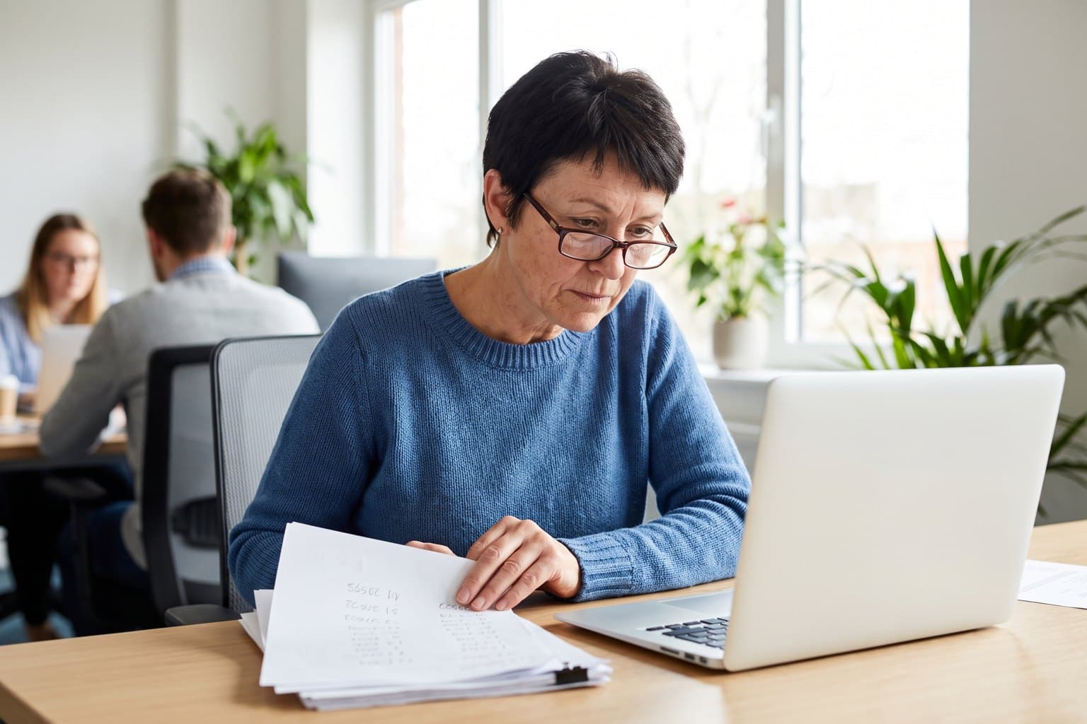 Accountant reviewing figures at a desk in a bright office