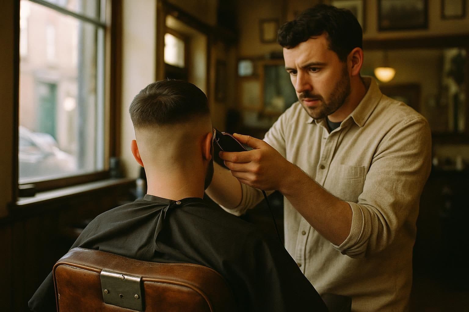 Barber finishing a skin fade in a Dublin shop