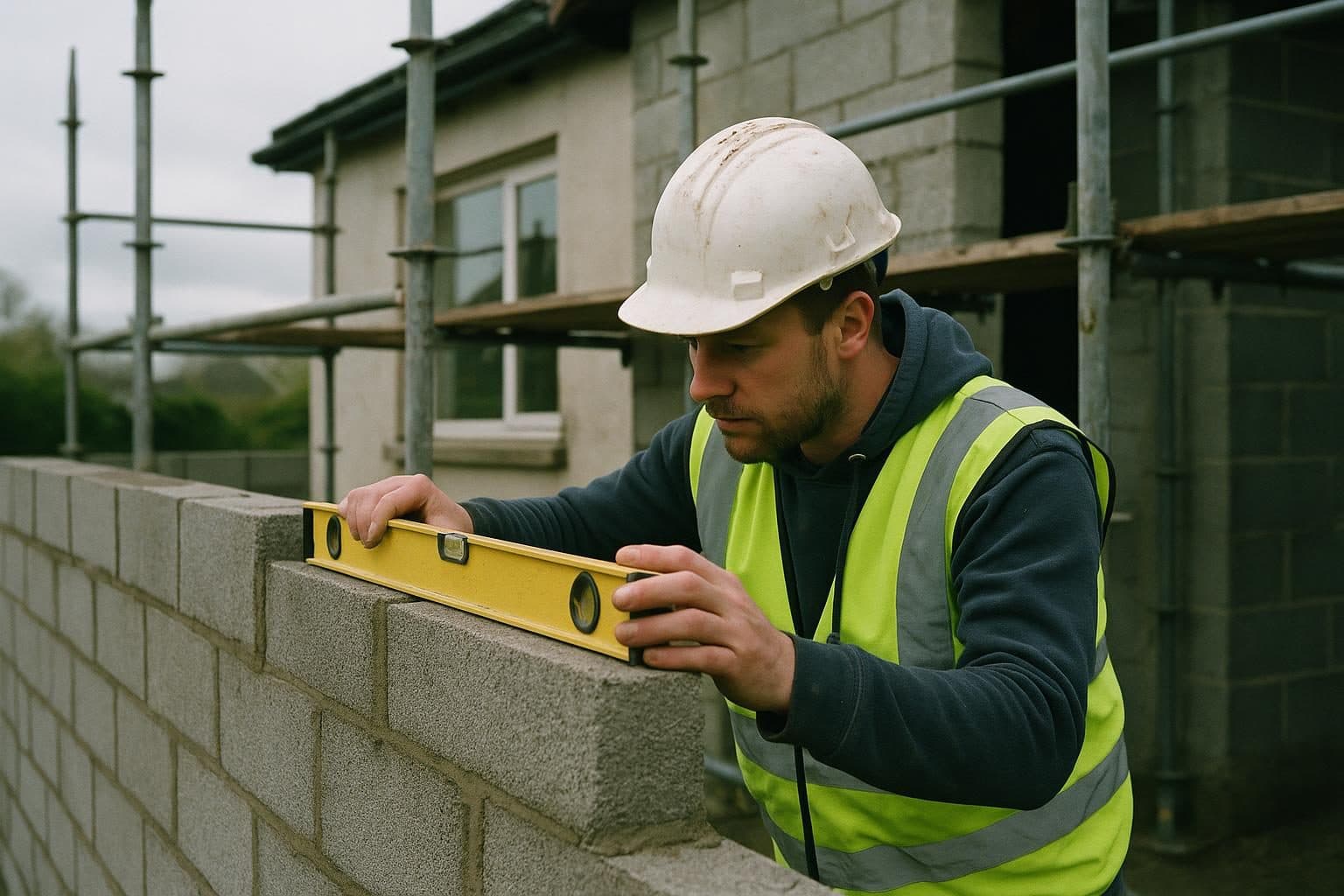 Builder checking a level on new blockwork
