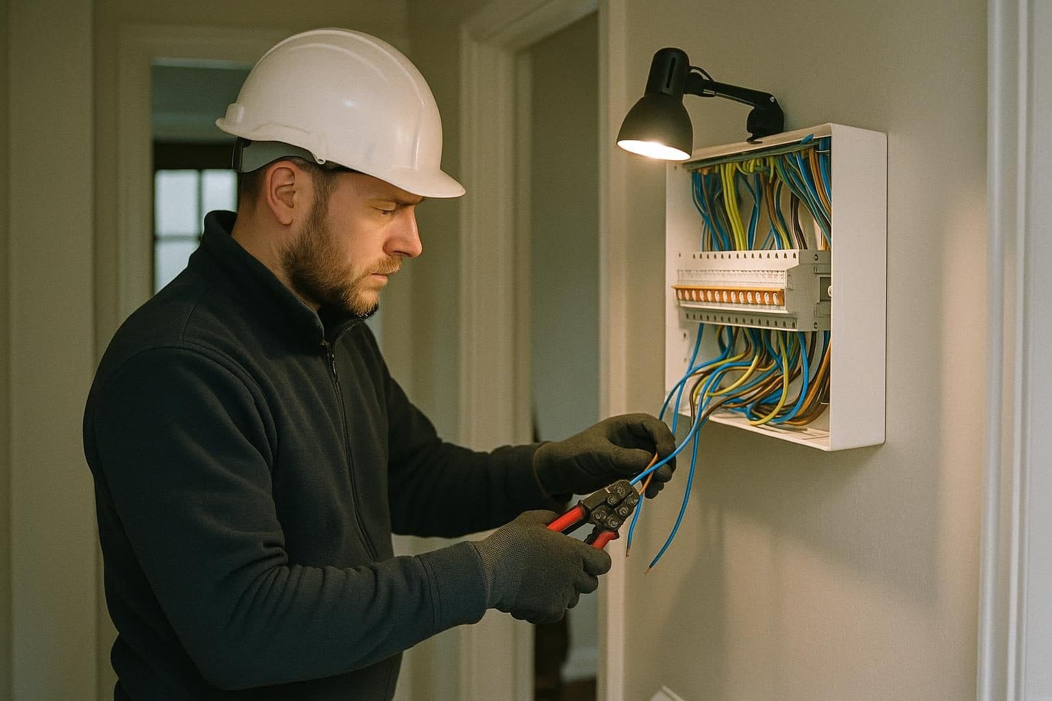 Electrician wiring a domestic fuse board