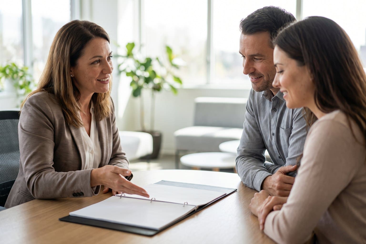 Financial advisor explaining a plan to a couple across a table