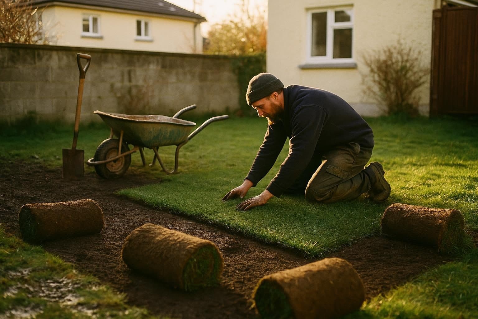 Landscaper laying fresh turf in a suburban garden