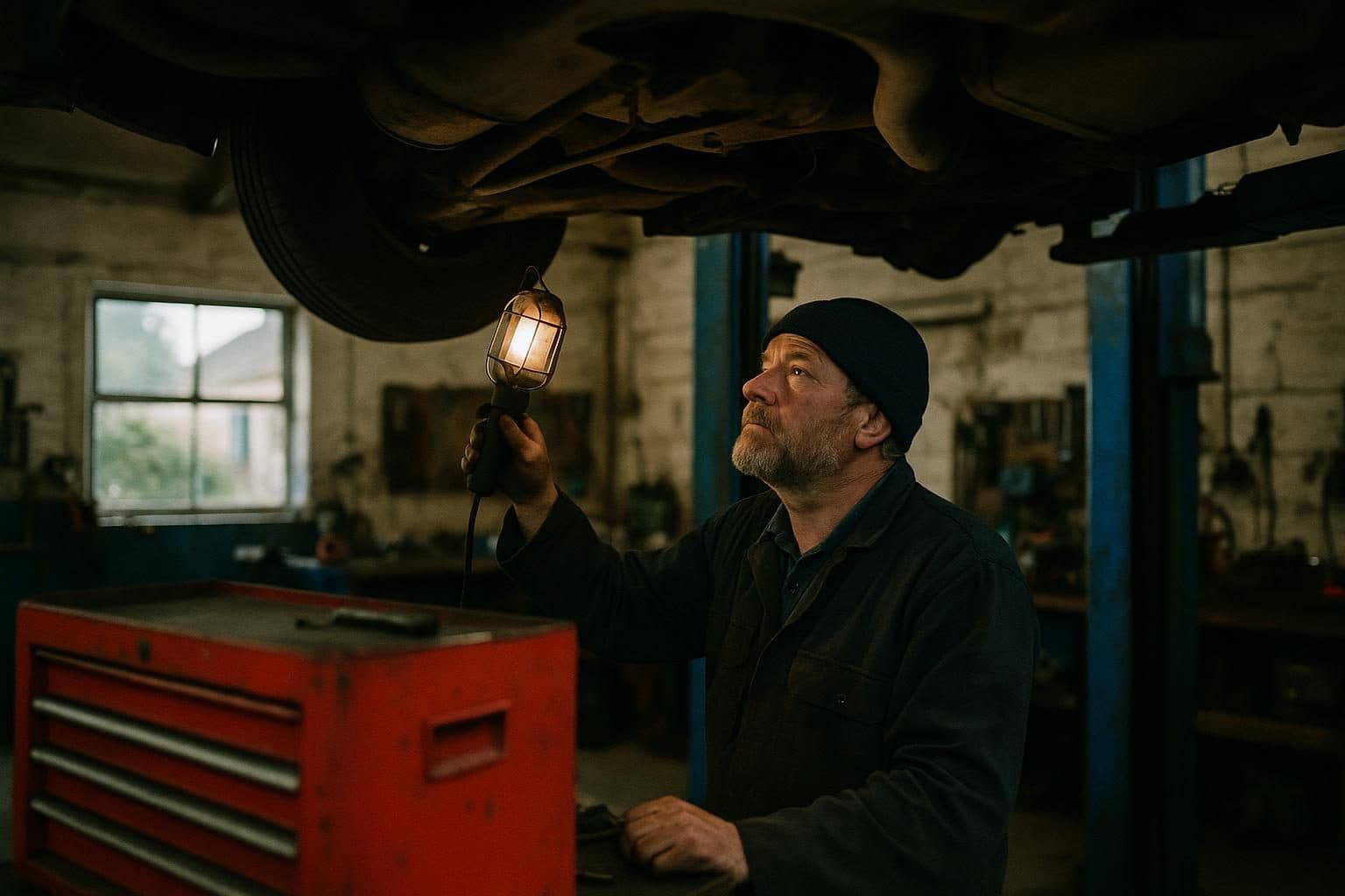 Mechanic working under a car on a lift