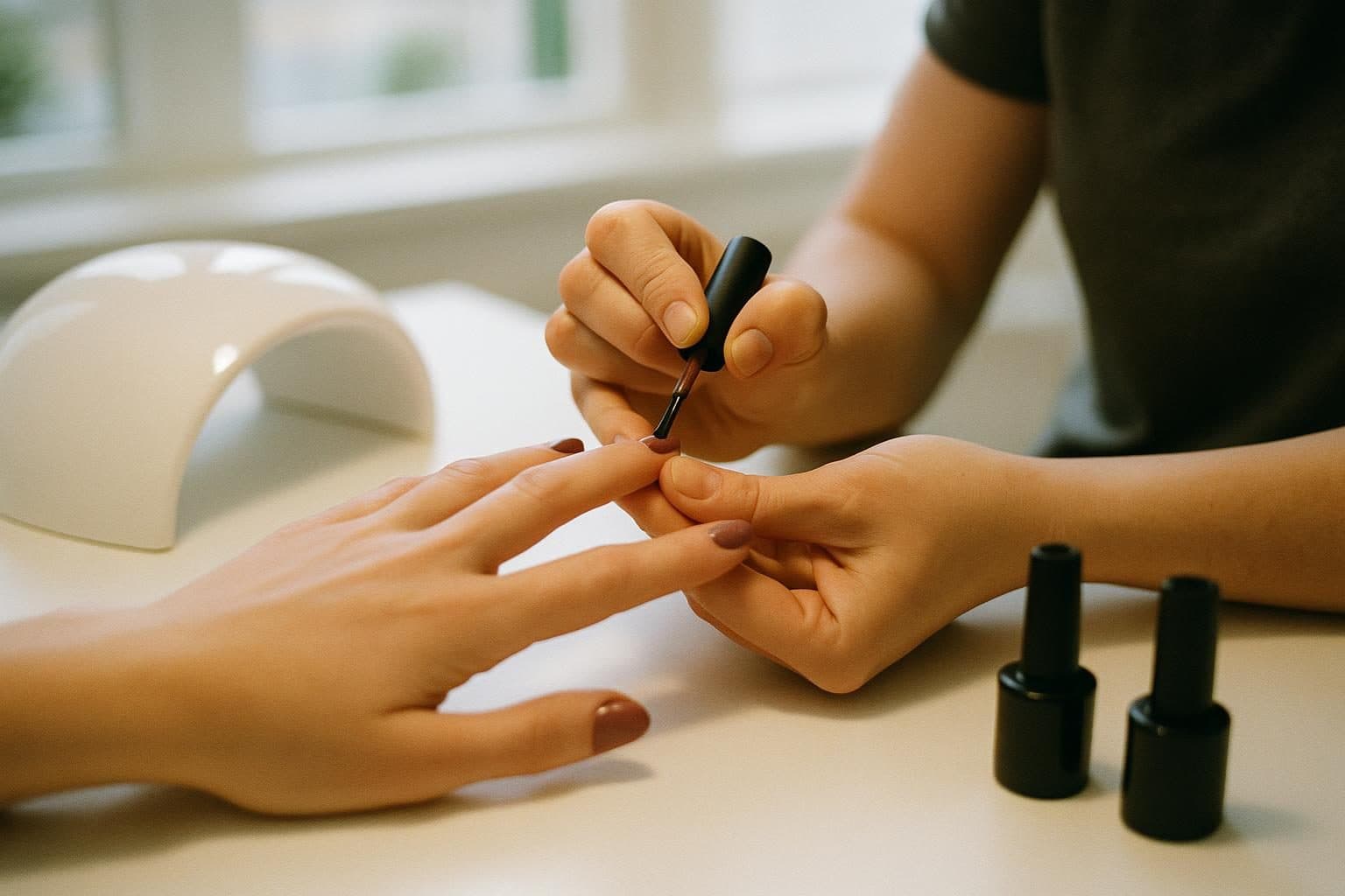 Nail technician painting gel polish at a salon table