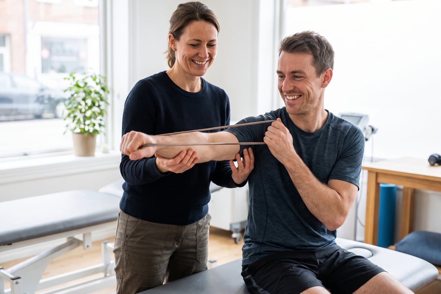 Physiotherapist guiding a client through a rehab exercise in a clinic