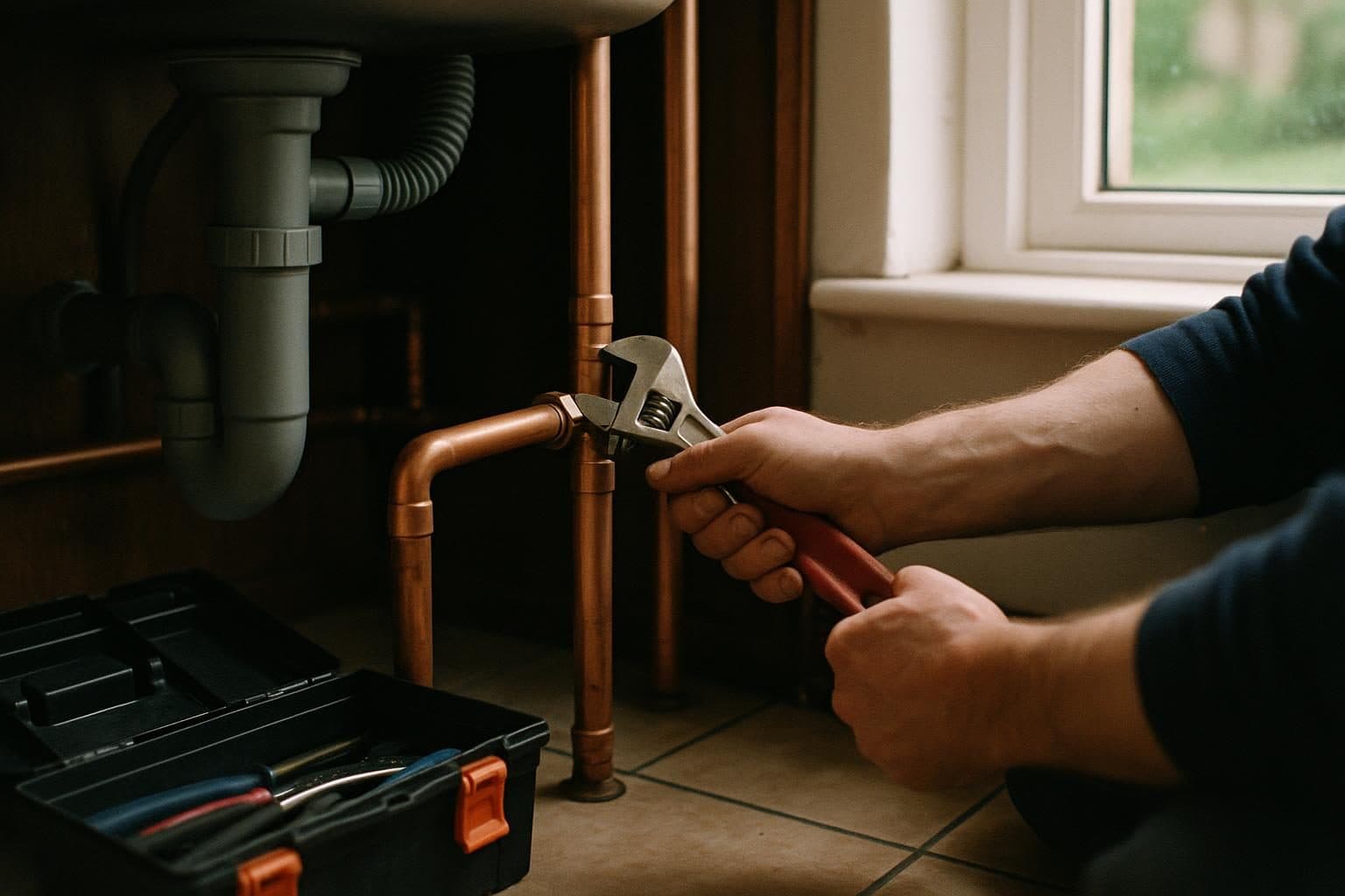 Plumber tightening a copper fitting under a kitchen sink