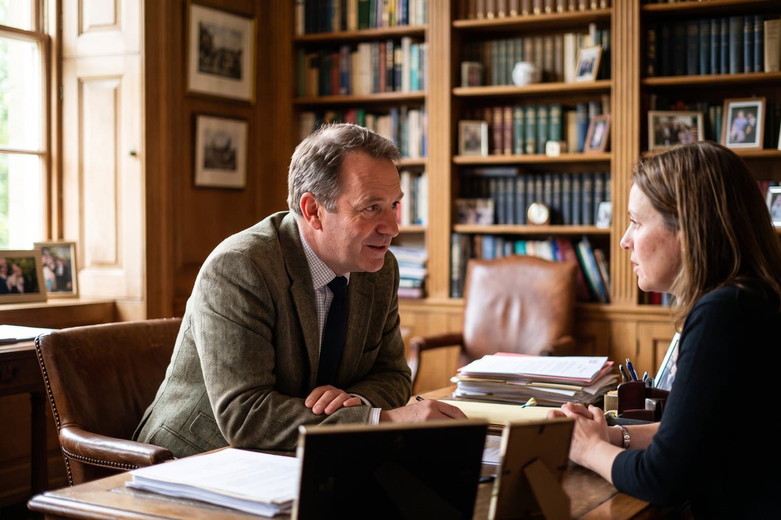 Solicitor advising a client across a desk in a law office