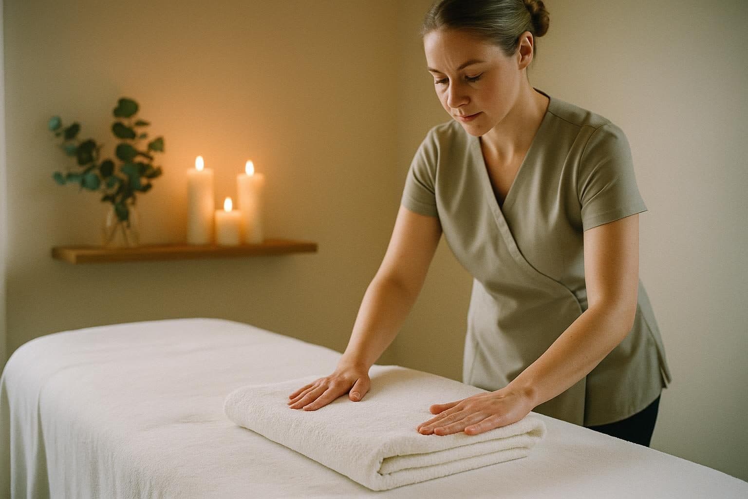 Therapist preparing a massage table in a calm treatment room