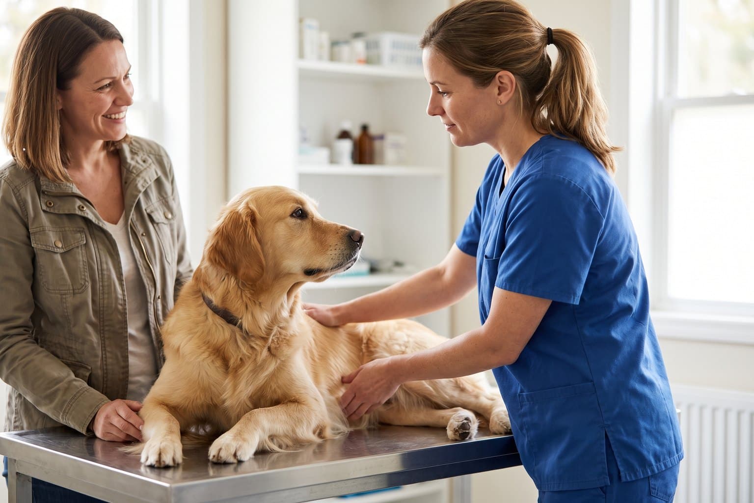 Vet examining a dog on the table with the owner nearby